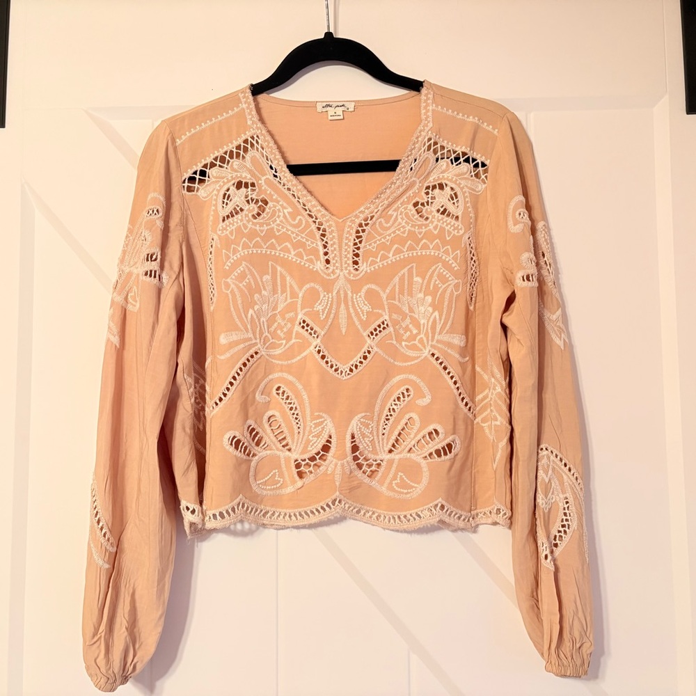 Ultra Pink Tan Embroidered Boho Blouse Size Medium